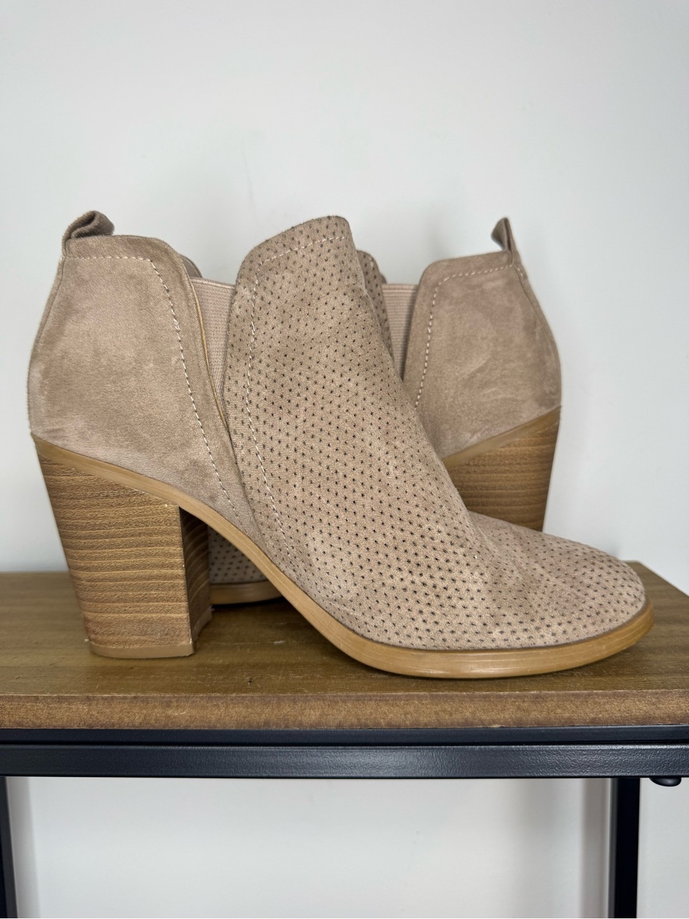 Universal Thread Perforated Taupe Suede Block Heel Booties - Picture 3 of 7